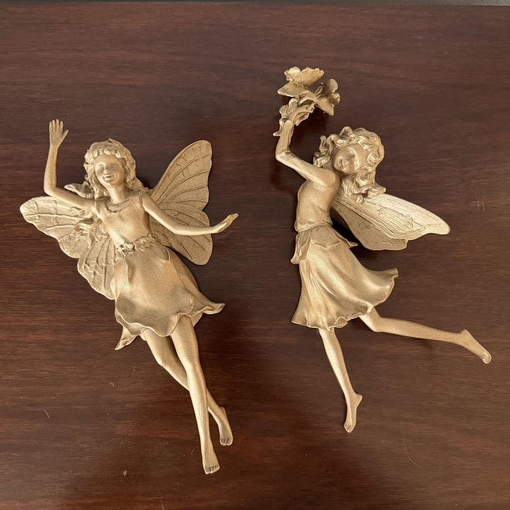 Vintage Gold Fairy Wall Plaque Hanging Wall Decor 12" Set Of 2